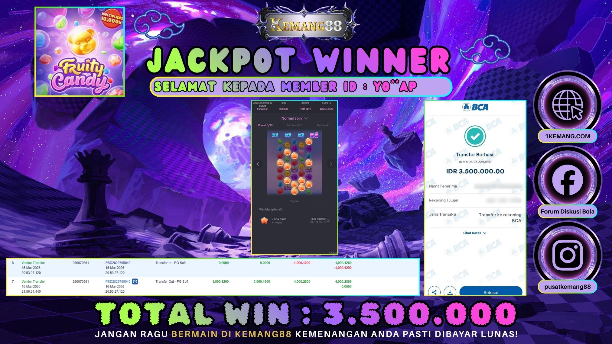 KEMANG88 [16 Maret 2026] : JACKPOT SLOT : FRUITY CANDY [PG] Rp. 3.500.000.,- LUNAS